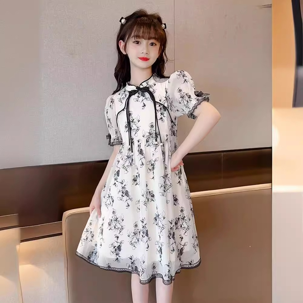 Children's Cheongsam Dress Girls' Dress Summer 2023 New Style Big Kids Girl Stylish Short Sleeve Ink Style Summer