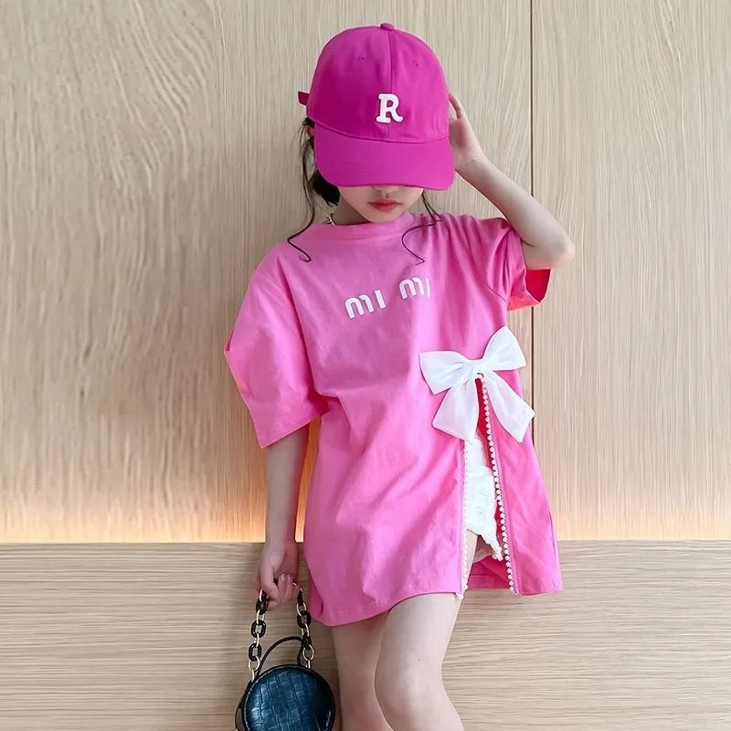Girls' Cotton T-shirt Korean Style Short-sleeved Summer Fashionable Girl's Bow Top Large Children's Split Summer T-shirt Trendy