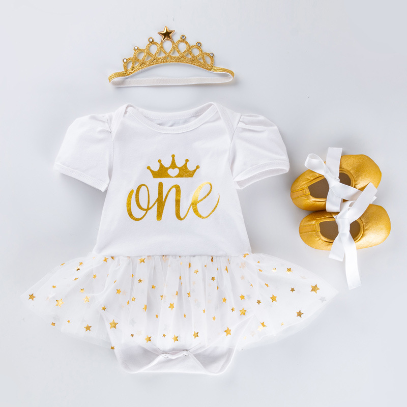 Picture of Amazon Children's Clothing Children's Dress Baby's Holiday White Dress Three-Piece Set Baby One-Year-Old Dress Pouchsuit Set