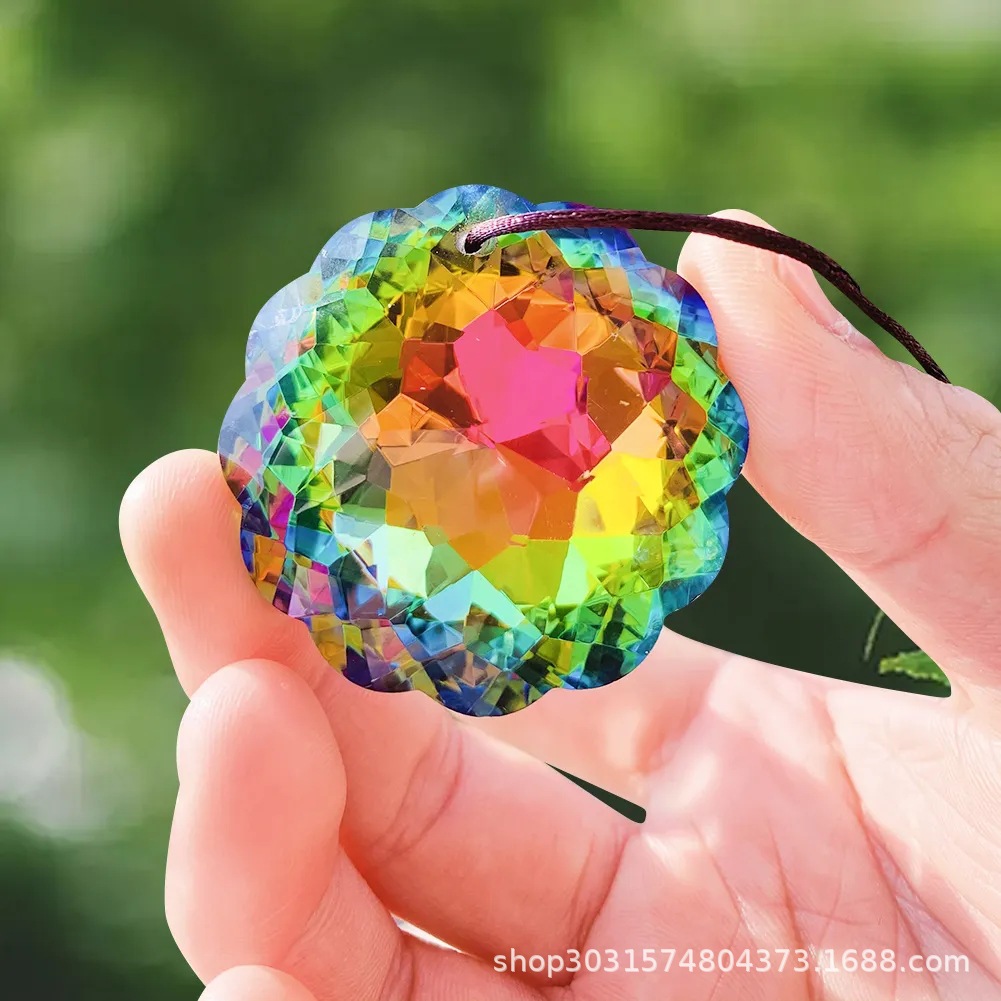 Brilliant sunflower 45mm Rainbow Aurora Mandala crystal prism pendant sunshine Catcher wind chimes hanging decoration
