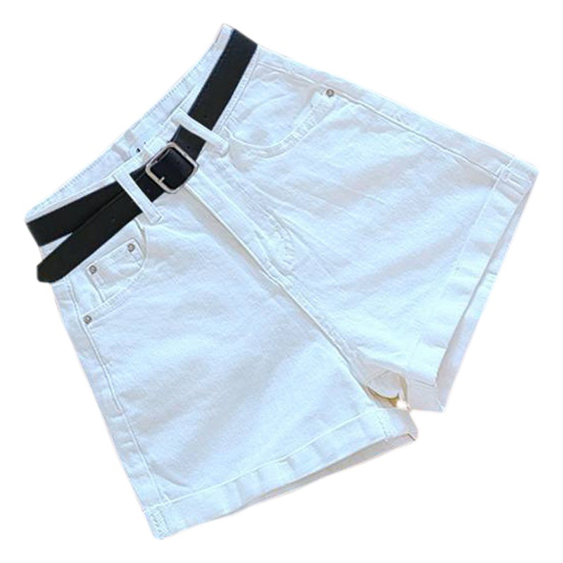 White Denim Shorts Women's Summer ins Style New Arrival High Waist Slimming All-Match Curled A- Line Wide Leg Trendy Pants