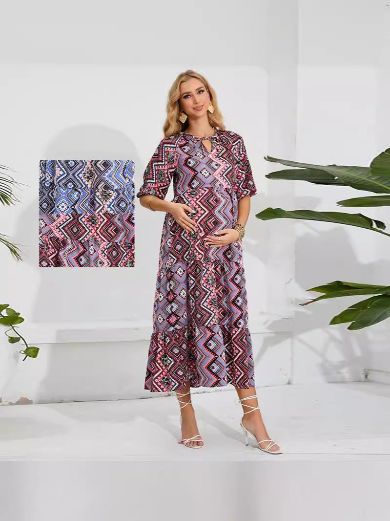 2024 Spring Long Women's dress Printed Chiffon Dress for Pregnant Women Front Collar Lace-up Casual Fashion Beach Dress