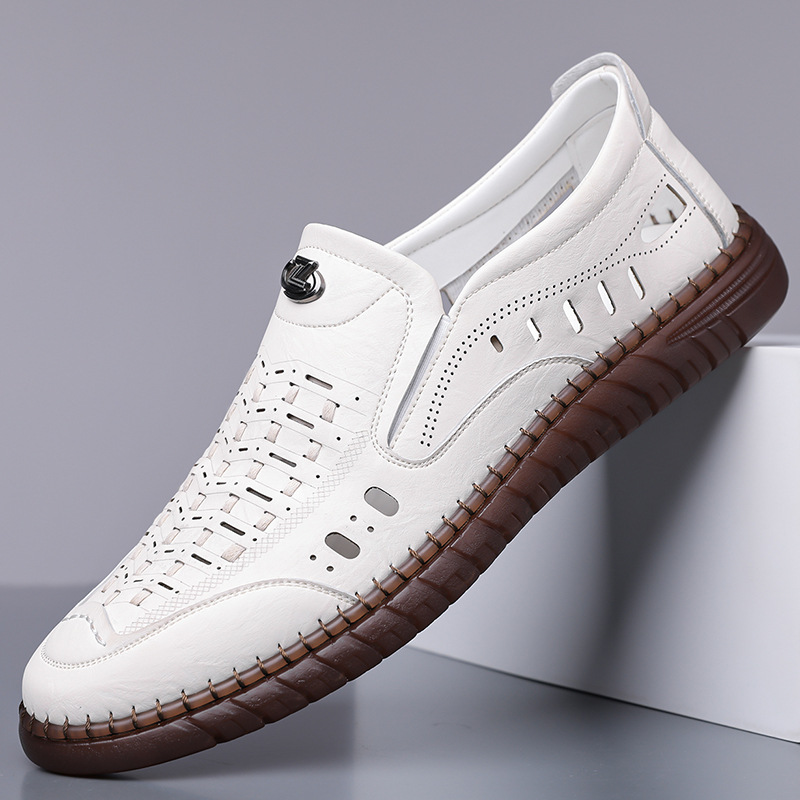 Cross-border White Shoes Summer Sandals Men's Hollow Breathable Soft Sole Slip-on Men's Ox-tendon Sole Middle-aged and Elderly Hole Shoes