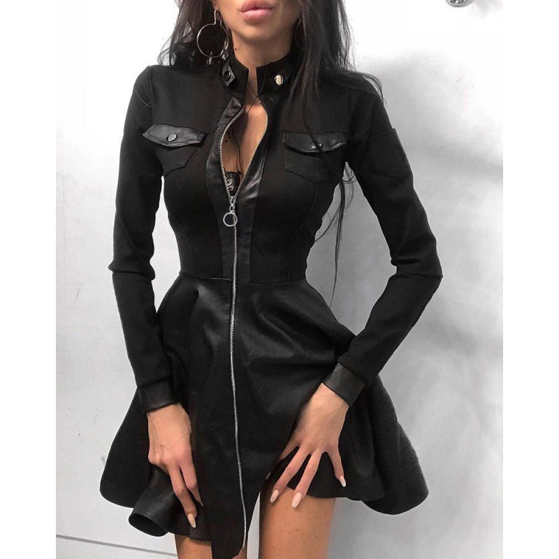 Picture of Aliexpress Wish Export Women's Clothing Autumn and Winter New Fashion Pu Leather Splicing Waist Dress for Women