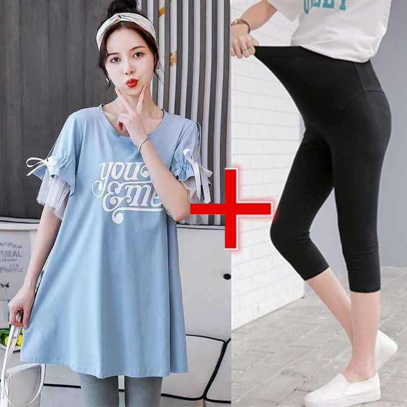 Picture of New Pregnant Women's Summer Half-sleeved T-shirt suit Korean Pregnant Women's Spring Mid-length Top dress Two-piece Set