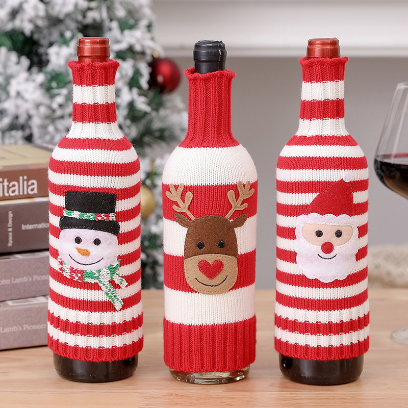 New Christmas Decorations Wool Acrylic Knitted Stripesd Wine Bottle Set Elk Snowman Red Wine Champagne Bottle Set
