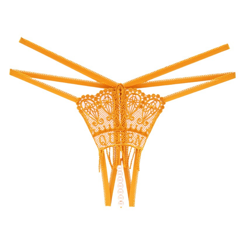 Sexy Hollow Open Hot Thong Women's Embroidered Fashion Letter Tassel Mesh Sexy Pearl T-shaped Panties
