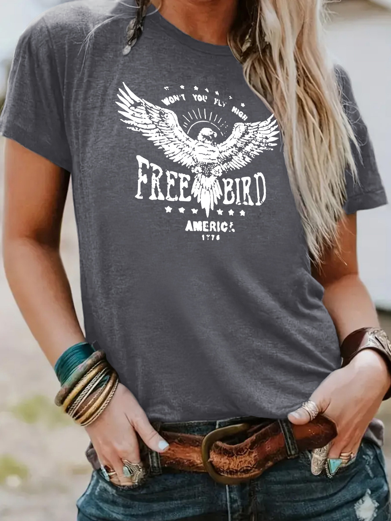 Picture of European and American independent station cross-border temperament T-shirt female in stock FREE BIRD eagle printing summer new short sleeve wholesale
