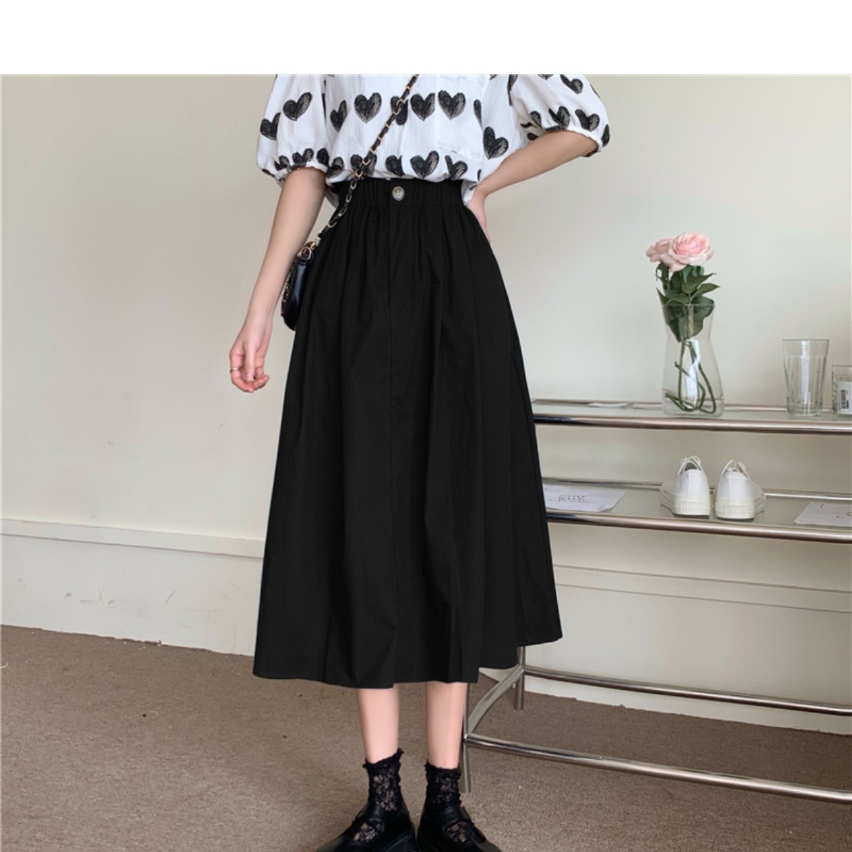 Mid-length pleated skirt crotch summer simple 2024 women's umbrella skirt women's hem covers high waist slimming large A-line skirt