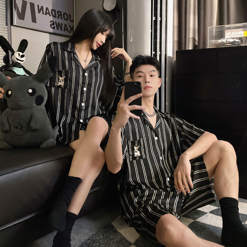 Summer Couple Pajamas Women's Ice Silk Short-sleeved Men's Thin Plus Size Cartoon Summer Cool-feeling Home Clothes suit