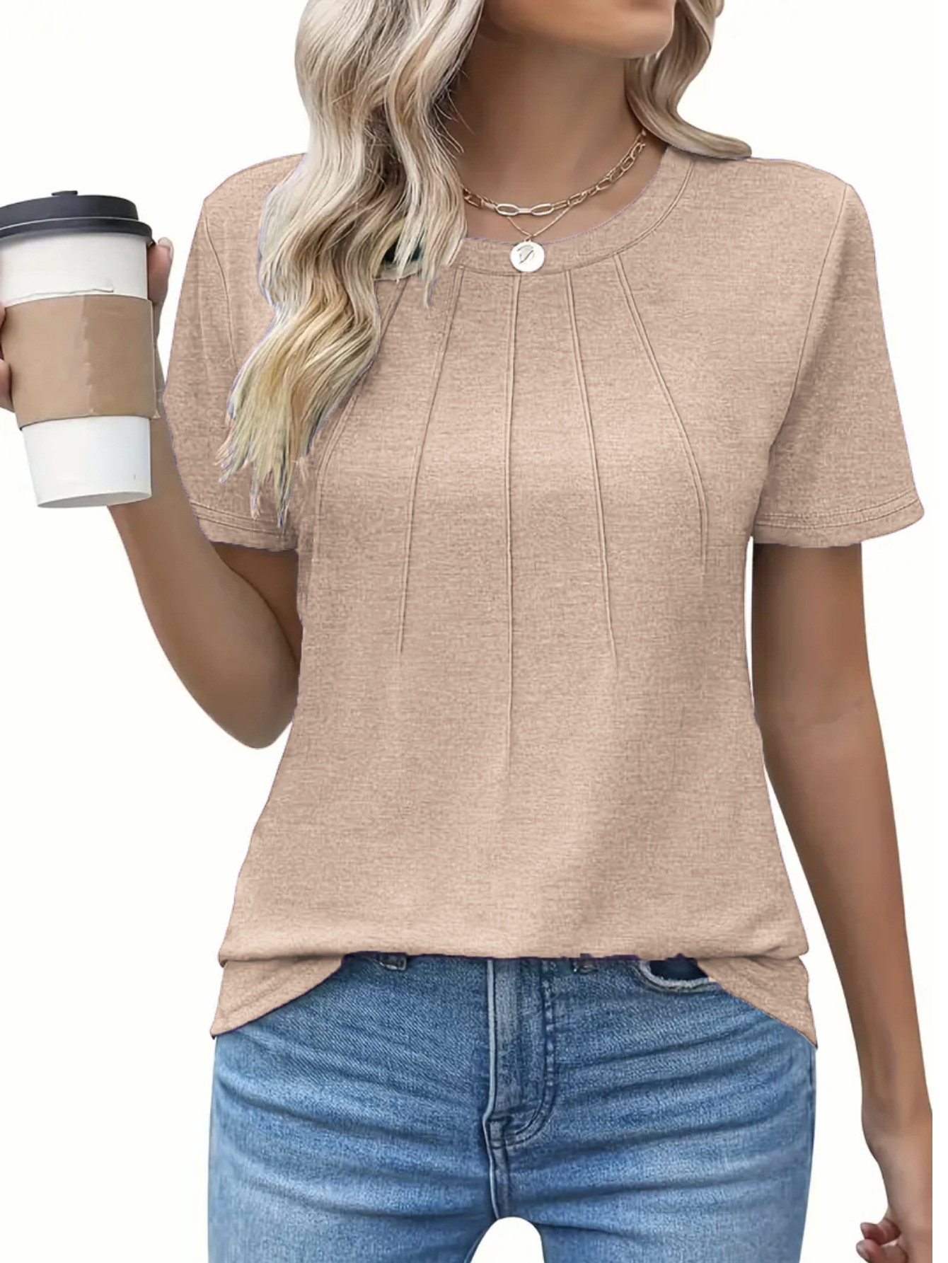 2024 Amazon eBay New European and American Explosions Pleated Crewneck Short-sleeved T-shirt Women's Top Cross-border Foreign Trade Women's Wear