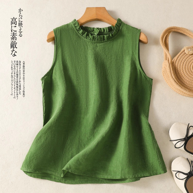 Retro Cotton and Linen Vest Tops Women's Sleeveless Inner Shirts Summer New Outer Wear Fungus Collar Bottoming Shirts
