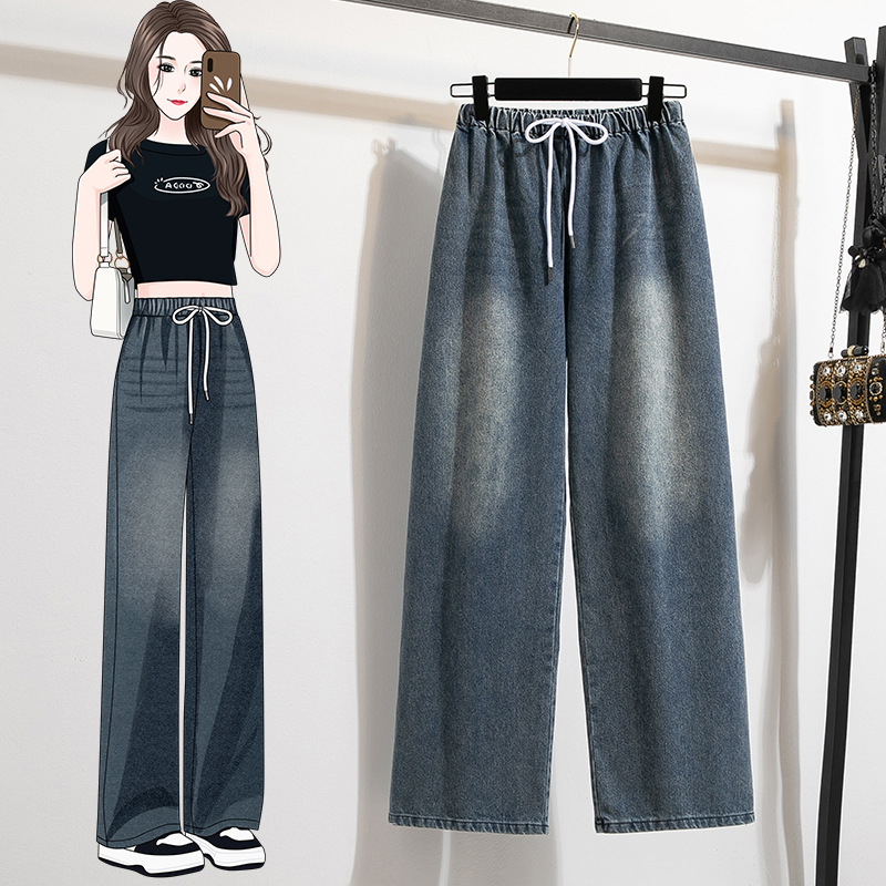 Real shot of plus-size jeans women's 2025 new elastic waist lace-up loose fat mm wide-leg pants small pants