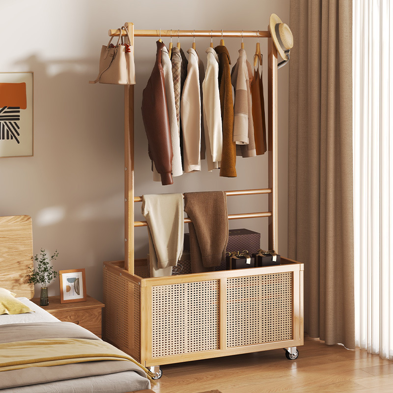 Coat rack home multi-functional floor storage hanger bedroom simple rattan wheeled movable hanger hanger