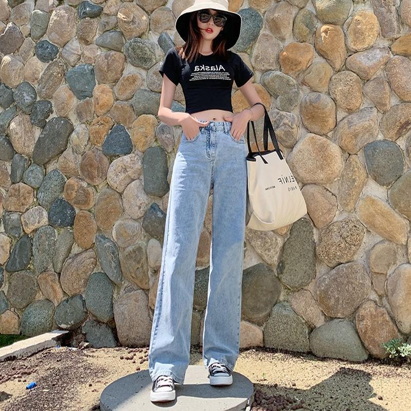Picture of High-Waisted Jeans for Women in Autum New Korean Style Drapedy Tall and Slim Floor-Length Pants Loose Straight Wide-Leg Long Pants