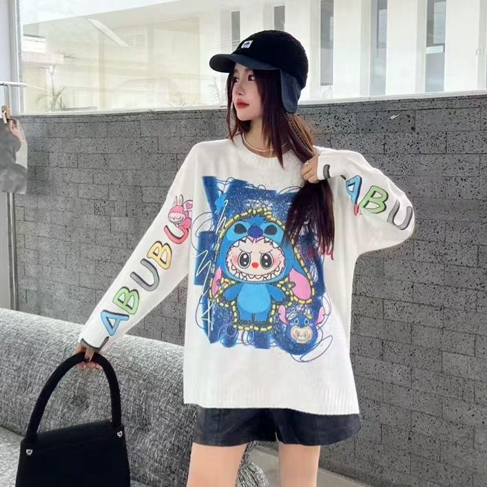2025 European Fashion Autumn New Mid-length Loose Large Sweater Cartoon Printed Long Sleeve Round Neck Top