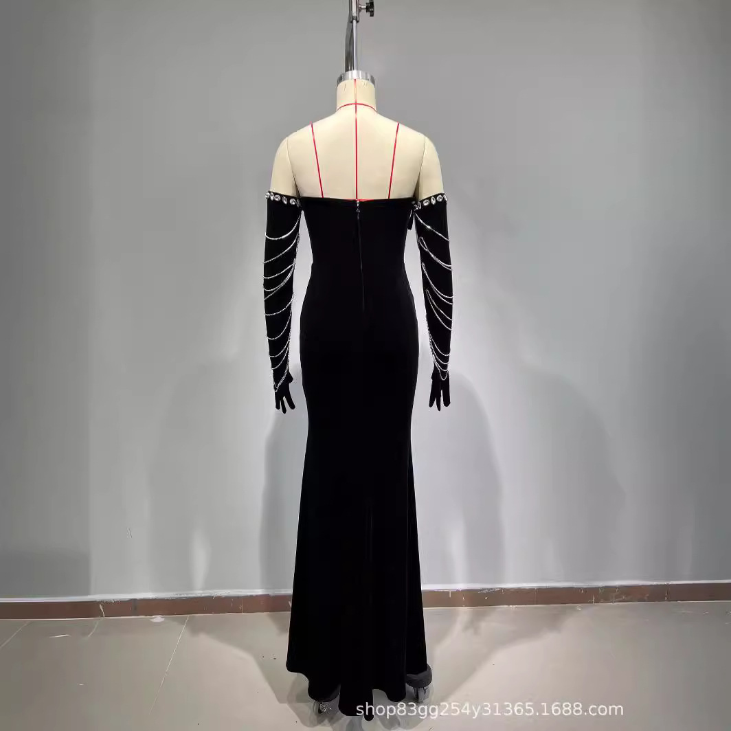 Picture of European and American fashion new velvet tube top beaded rhinestone with gloves Elegant party banquet adult ceremony evening dress
