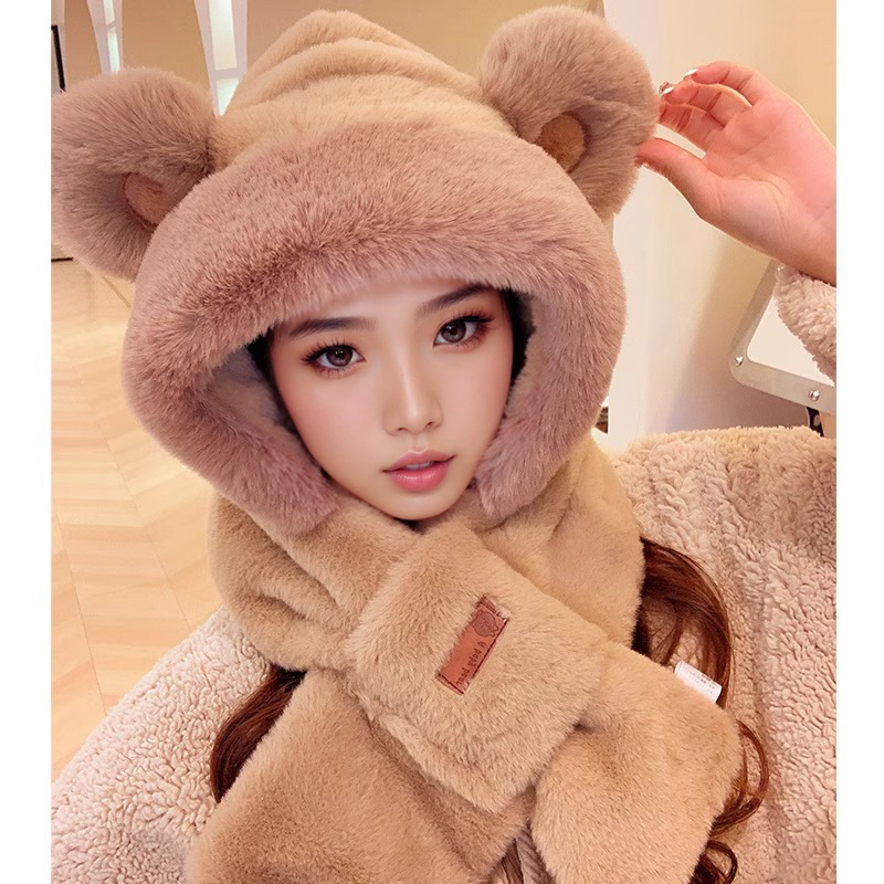 Picture of Cute Bear Hat Gloves Three-in-One Scarf Plush Hat Winter Riding Women's Easy Outdoor High-Level Warm Hat