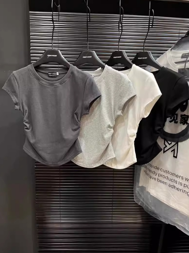 Picture of Ins Spice Girls Pure Wants Tight Waist T-shirt Short Sleeve Women's Summer New Solid Color Base Pullover Slim Fit Top Women's Fashion Wholesale