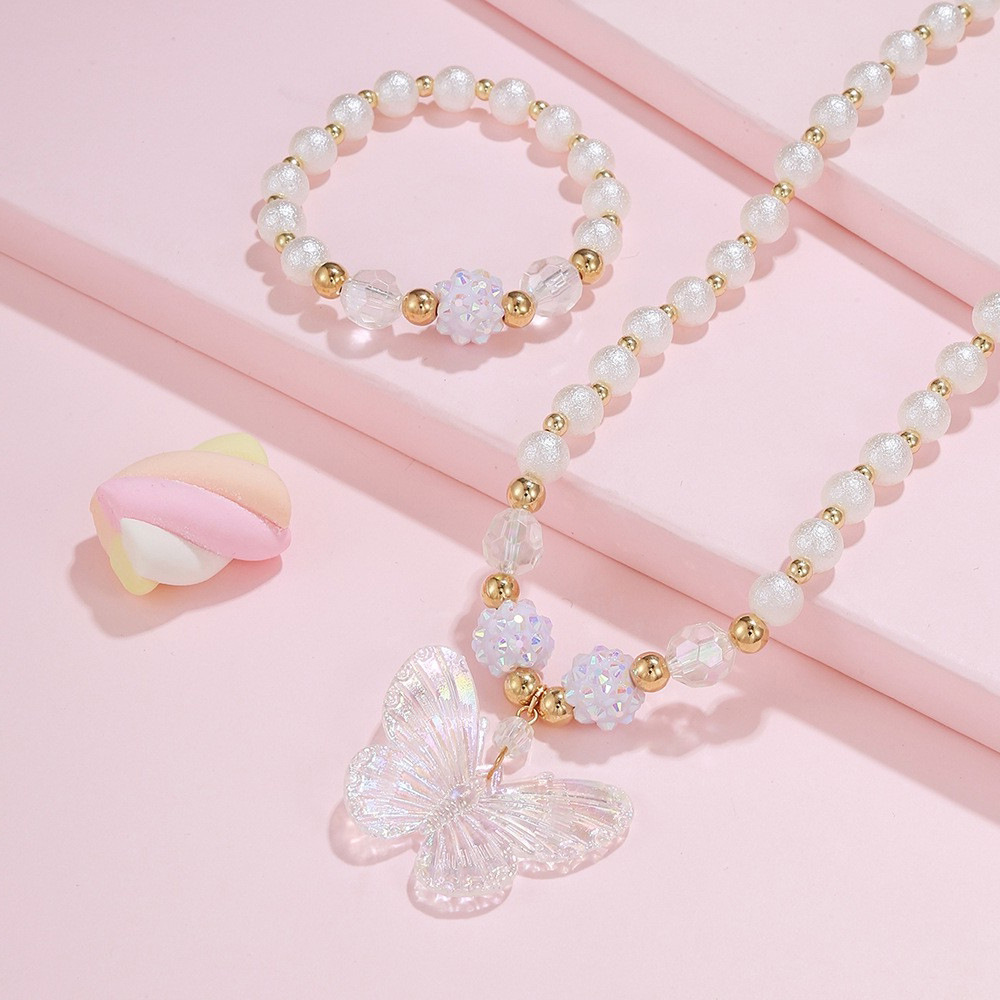 Cross-border Hot Sale White Pearl Handmade Beaded Bracelet Necklace suit Chanel Style Butterfly Design Children's Jewelry
