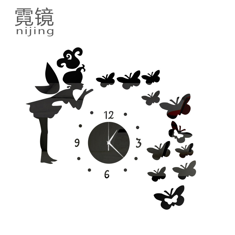 3D mirror watch wholesale diy fashion personality creative wall clock European fairy blowing butterfly B012