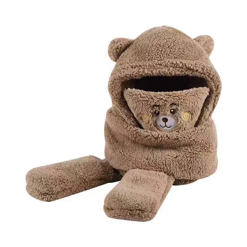 Picture of Autumn and Winter Hat New Cute Warm Mask Bear Hat Integrated Neck Scarf Gloves Popular Versatile Plush Four-In-One