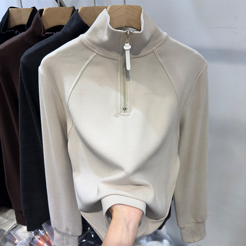 German velvet warm solid color zipper half cardigan stand collar long sleeve sweater women's autumn and winter 2023 new simple top trend