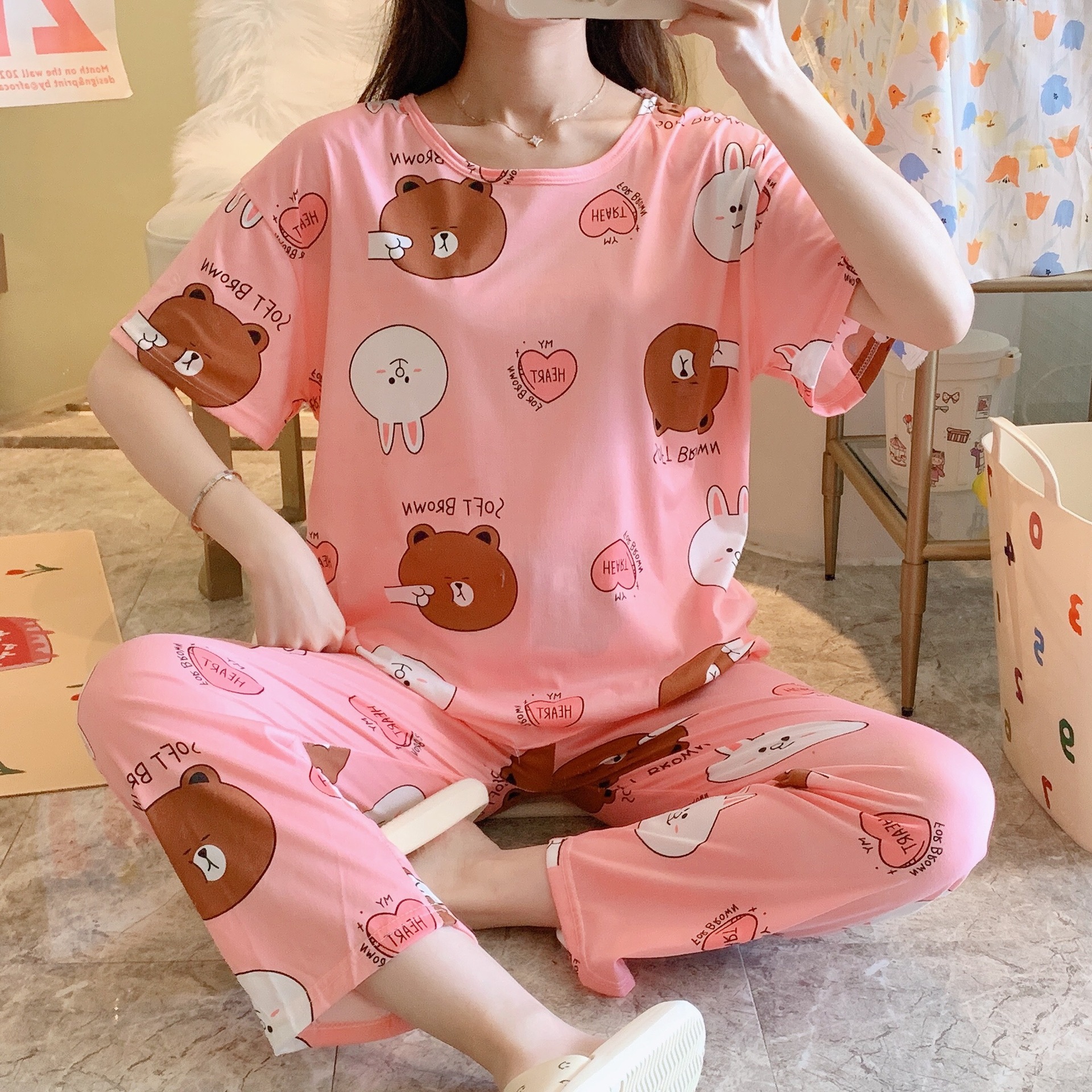 Picture of Pajamas Women's Spring and Autumn Summer Short-sleeved Trousers Large Size Loose Korean Style Fresh Cute Sweet Student Home Suit