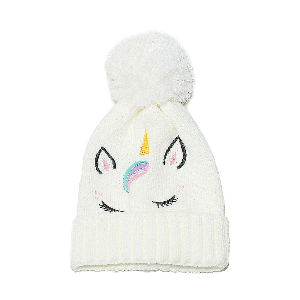 Cross-border Amazon Autumn and Winter Children's New Wool Hat Girls White Cute Unicorn Embroidered Knitted Hat Foreign Trade