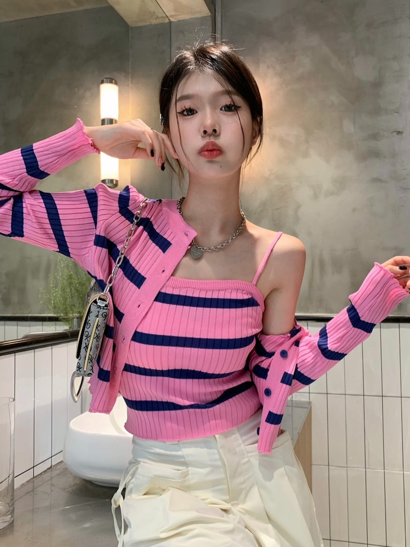 Autumn 2024 Korean style retro versatile striped single-breasted long-sleeved knitted cardigan with camisole suit