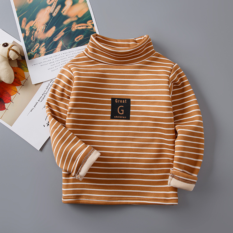 Picture of Children's Striped Fleece-Lined Thickened Base Shirt Turtleneck Top Middle Collar Single-Piece Half-High Collar Long-Sleeved T-Shirt for Boys and Girls