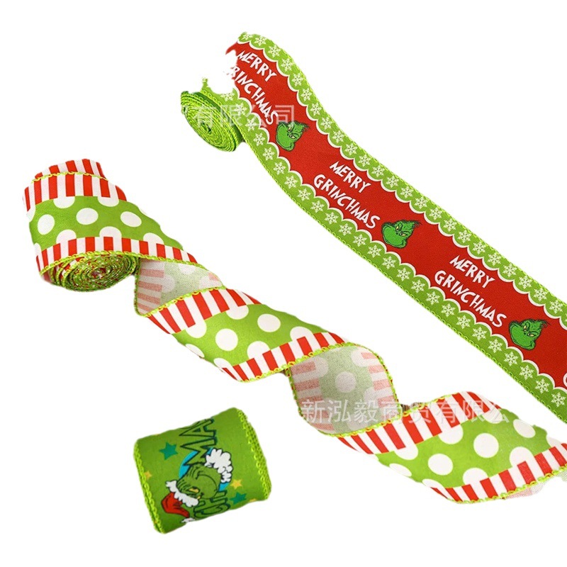 Hongyi Ribbon Christmas Ribbon Grinch Green Hair Monster Christmas Monster Ribbon Holiday Decoration Ribbon Factory Spot