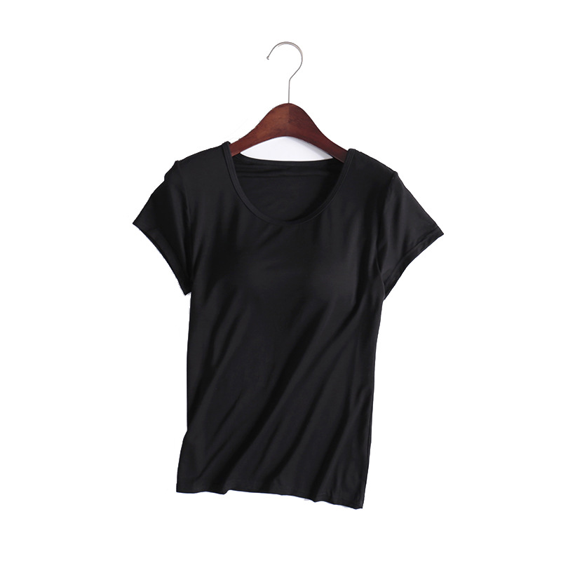 Picture of Modal T-shirt Women's Spring and Autumn Solid Color Short-sleeved Bra-free Yoga Bottoming Outer Wearing Cup All-in-one Home Clothes Inner Wearing