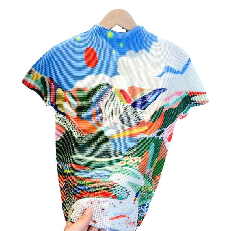 New Pleated Summer Thin Elegant Stretchy High-Neck Top with Artistic Fresh Print Short-Sleeve Pullover T-Shirt