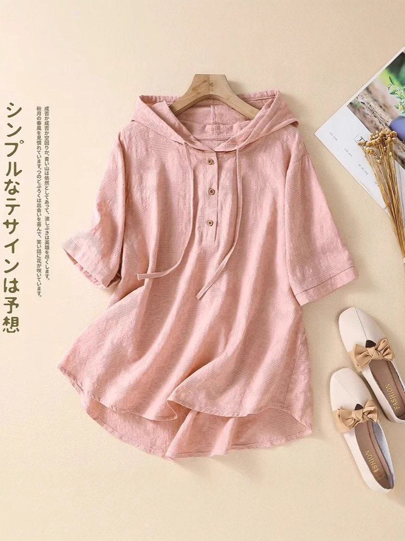 Literary Classical Chinese Style Casual Short-Sleeved Jacquard Embroidered Cotton and Linen Shirt Women's Summer Loose Hooded Top Trendy
