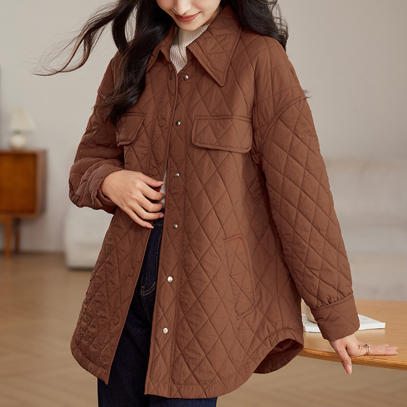 plus size Loose Rhombic Quilted Jacket Women's Mid-length 2024 Autumn and Winter New Mothers' Thin Lapel Cotton-padded Coat