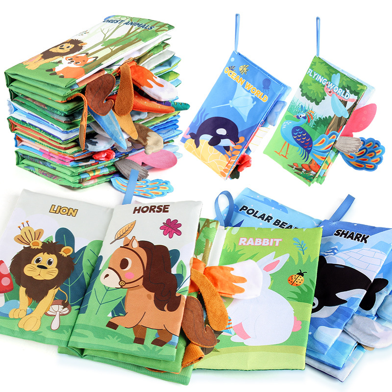 Cross-border baby cloth book with tail cloth book with ringing paper 4 pages 8 hands can't tear baby early education cognitive cloth book