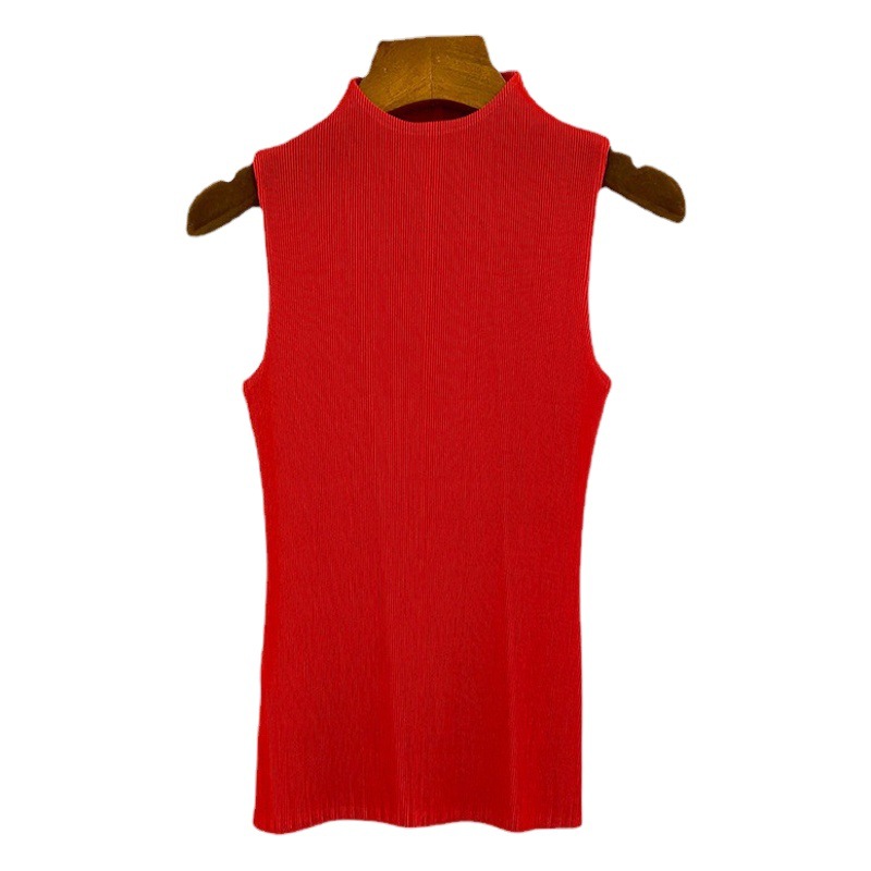 Pleated Top Women's Sleeveless All-match Small Vest Summer New Miyake Half-high Collar Slim-fit Slimming T-shirt Women's Ins Trendy
