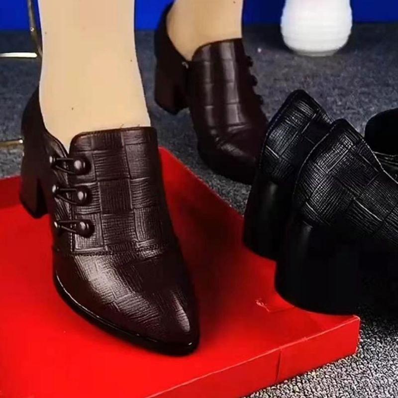 Deep-Mouthed Flats for Women, Thick Heels, Medium Heels, 2025 Spring and Autum New Pointed-Toe Korean Style Mom Shoes, Black Leather Shoes, Versatile Style