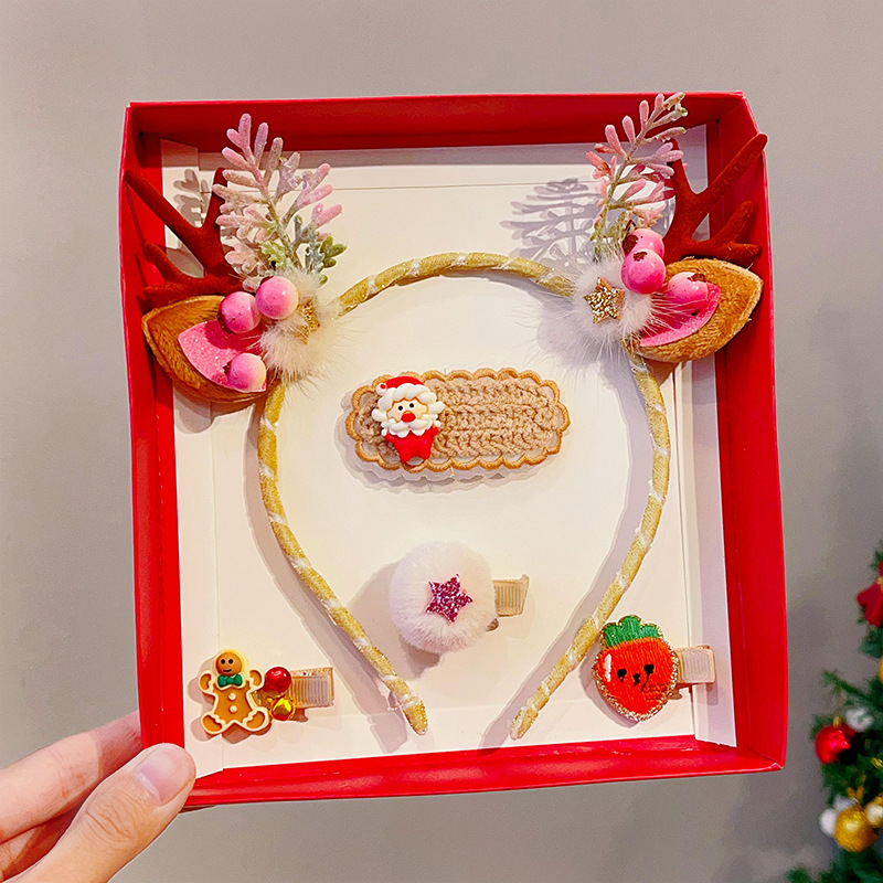 Picture of 2023 new children Girl Christmas headband hairpin suit combination cute antlers Christmas headband hairpin headdress