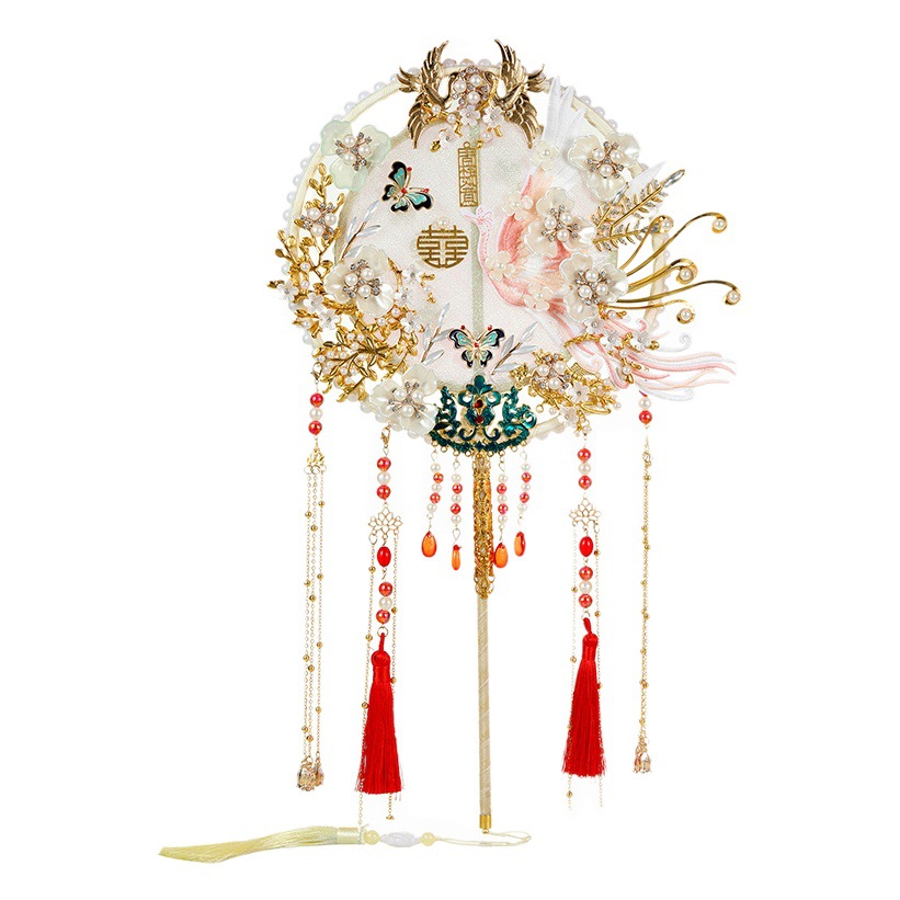 New Chinese bride holding fan wedding ancient style long handle round fan wedding hanfu headdress finished fan DIY material
