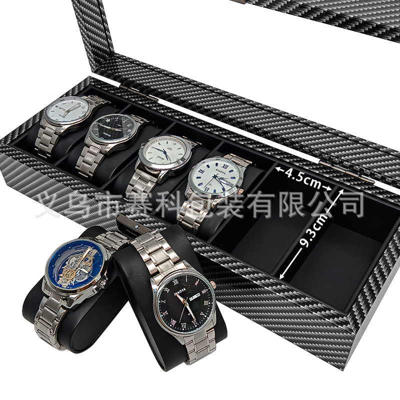 Picture of Spot Wholesale Carbon Fiber Pattern Wooden 6-Bit Watch Storage Display Box 6-Pack Watch Collection Display Box Factory
