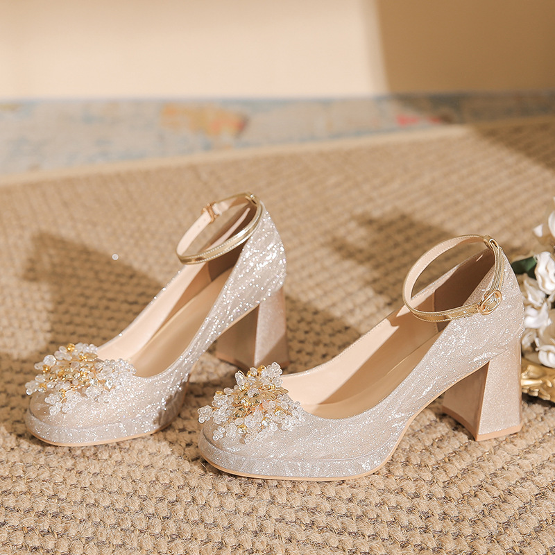 2024 Autumn New Waterproof Platform High Heels Women's Thick Heels Square Toe Bridal Shoes Rhinestones Temperament Wedding Shoes Rhinestones