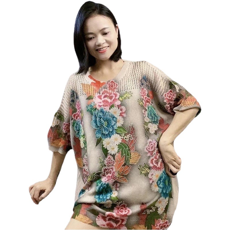 Picture of Tencel Cotton and Linen Hot Drilling T-Shirt Women's 2023 Summer New plus size 3D Mesh Printed Loose Slimming Top