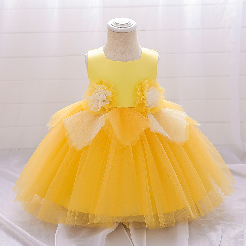 Picture of European and American Foreign trade new baby dress contrast color three-dimensional flower wedding dress pettiskirt girl mesh dress