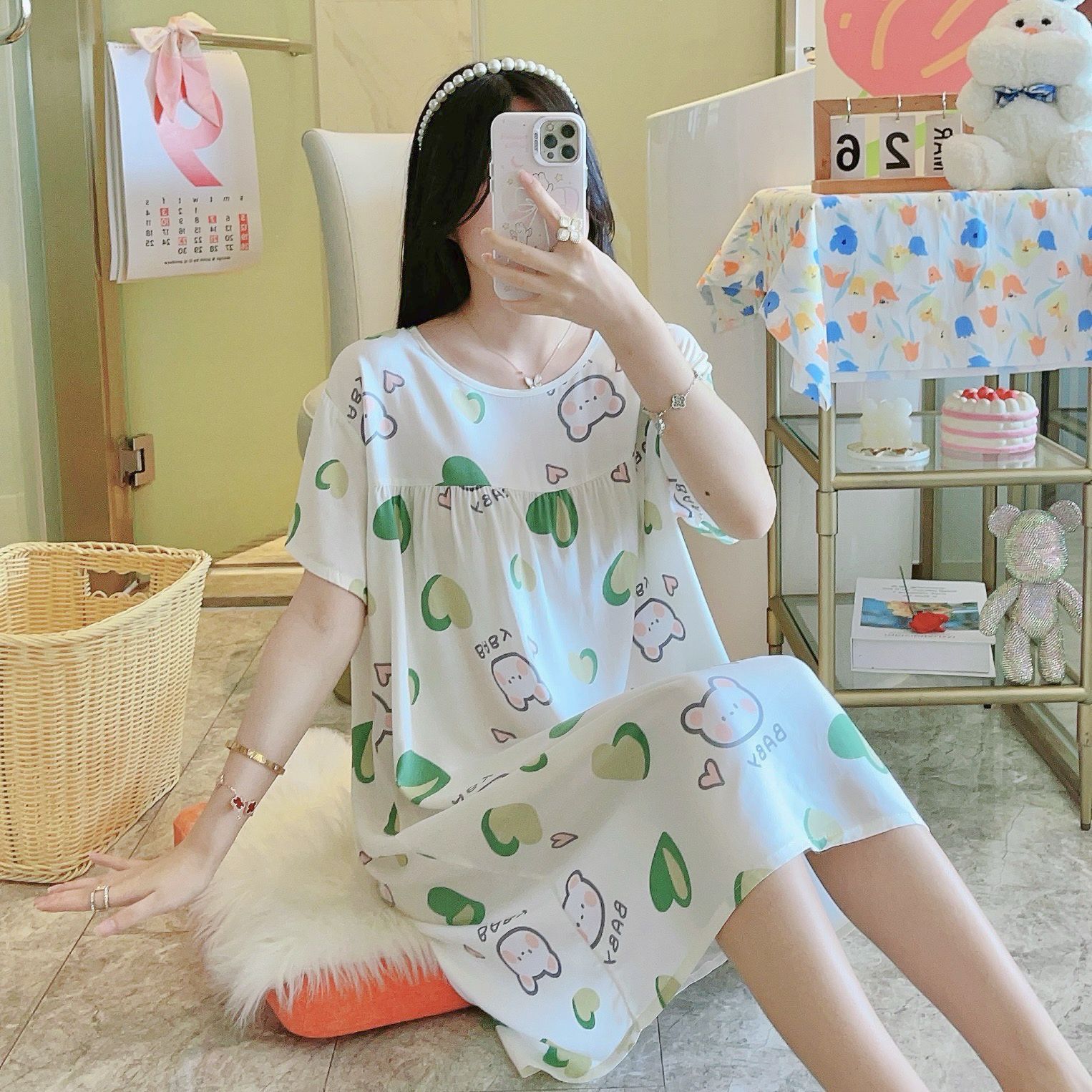 Picture of Cotton Silk Nightgown Women's Spring and Autumn Summer Thin Pajamas Korean Sweet Girls Online Celebrant Live Explosions Home Outwear Skirt