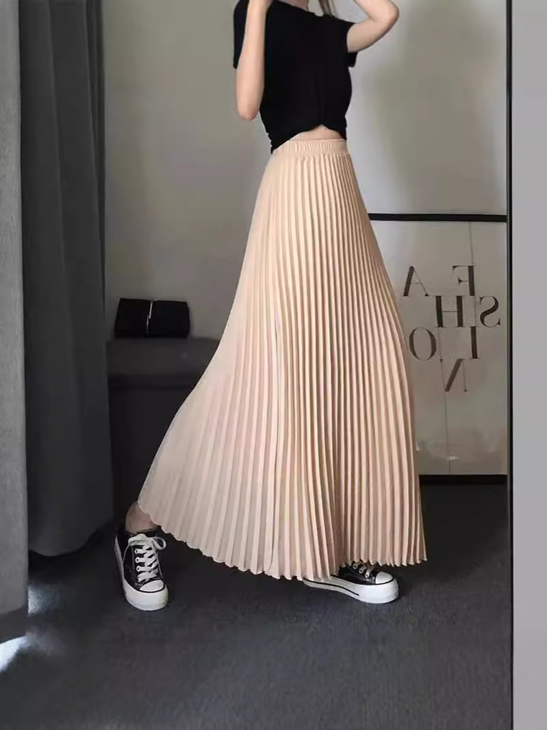 2025 Pleated Skirt Women's Long Spring and Summer Retro Glossy High-Waisted Versatile Slimming Look Ankle-Length Skirt