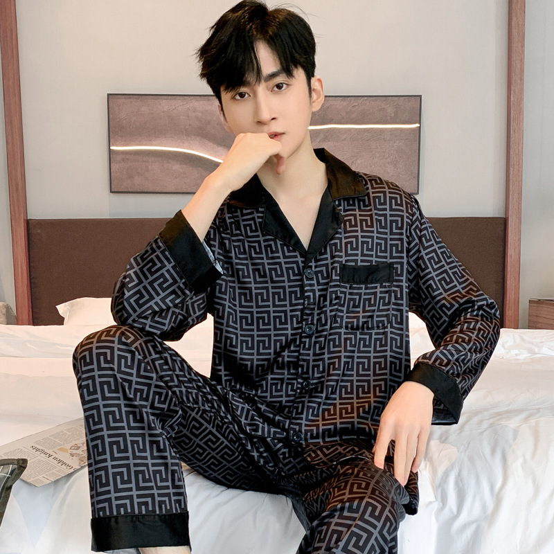 High-end Atmospheric Pajamas Men's Spring and Summer Long-sleeved Thin Ice Silk Luxury Loose Dad Home Clothes suit Plus Size