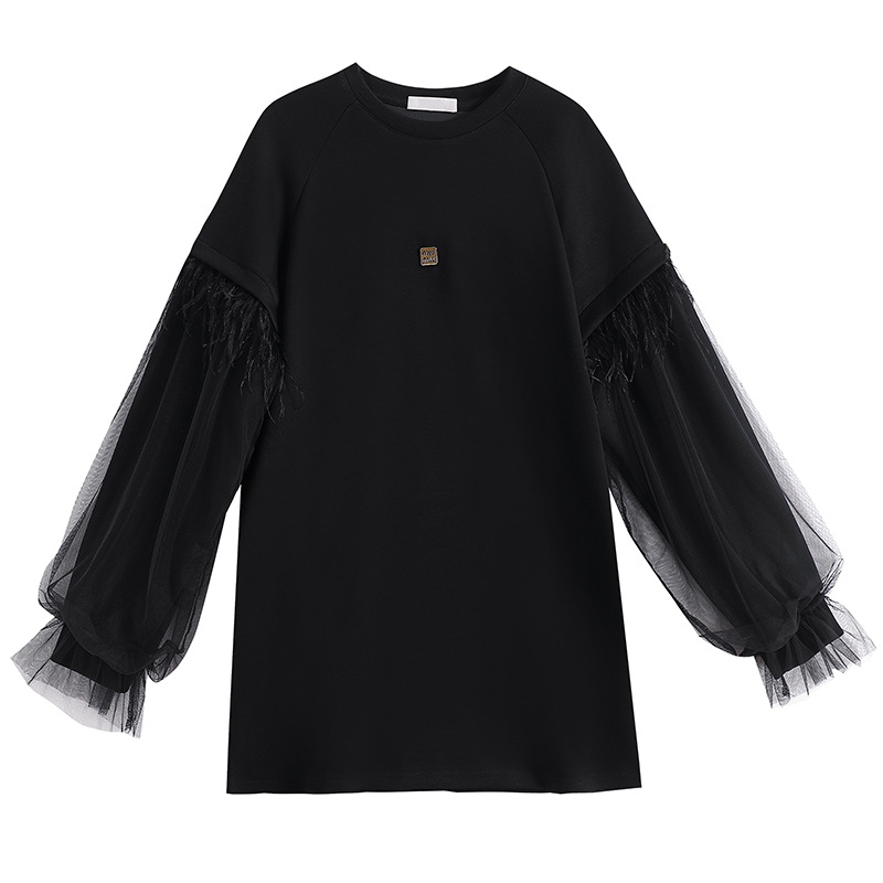 Picture of Real Shot of Casual Mesh Black Sweatshirt for Women, 2025 Autumn New European Style, Plus Size, Loose Long-Sleeve Top, Trendy