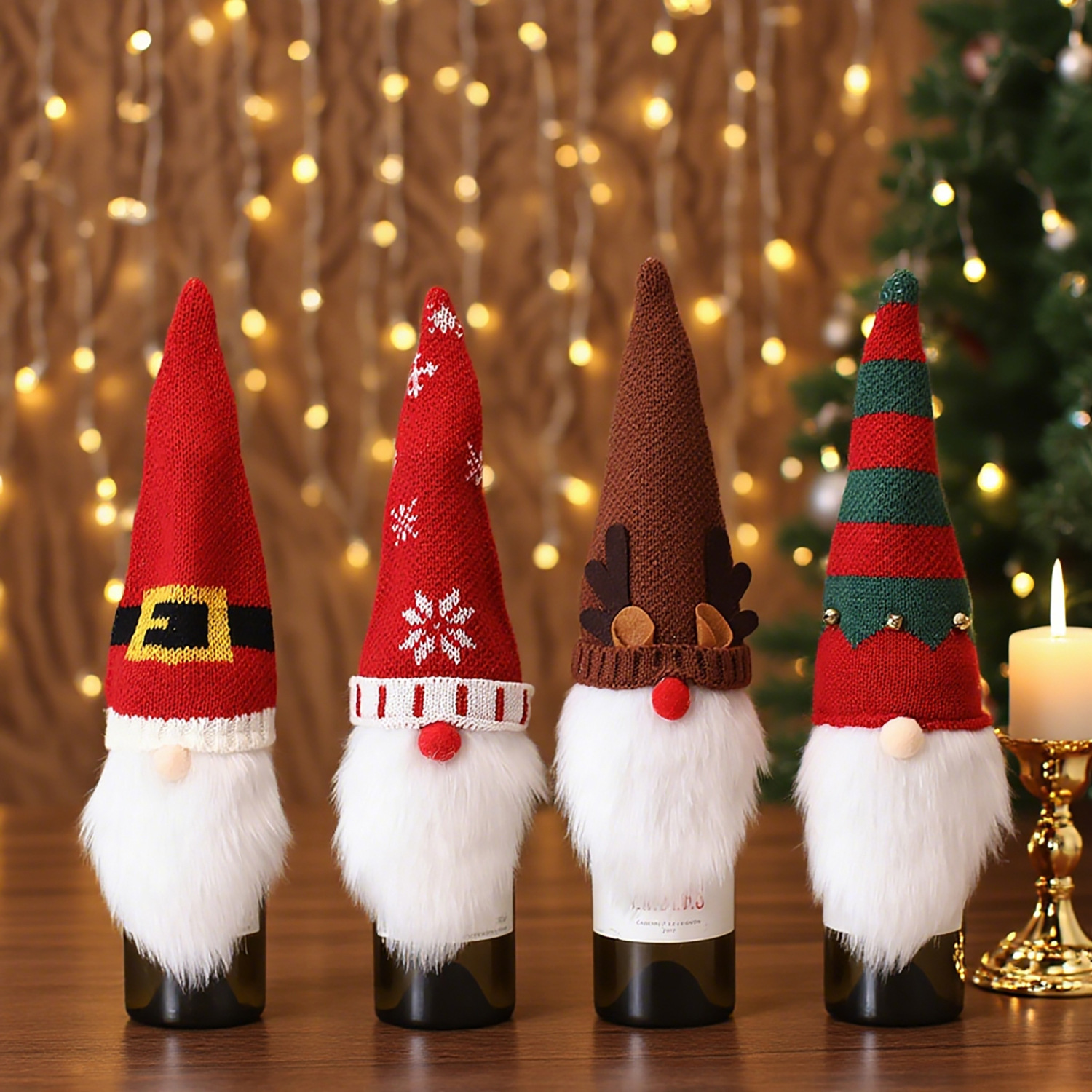 Cross-border New Christmas Decorations Knitted Cloth Cartoon Forester Rudolph Faceless Doll Red Wine Bottle Set